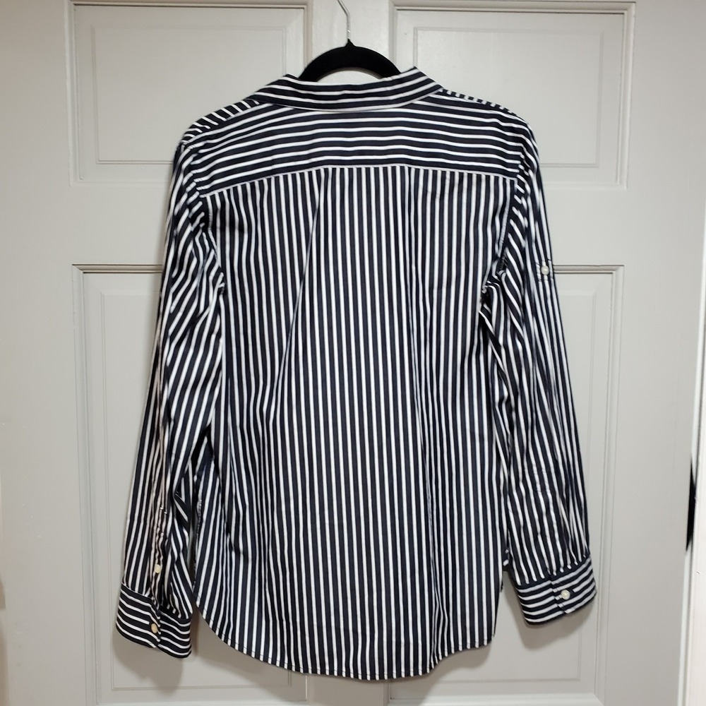 LRL Lauren Jeans Co Women Shirt Large Button Up Navy/White Stripe Nautical - Picture 10 of 14